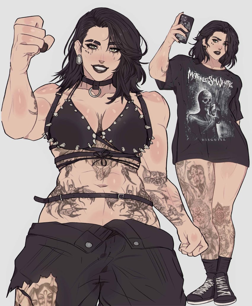 1girl 1girls black_hair black_lipstick choker clothed clothed_female female_only lipstick makeup muscle muscles muscular muscular_female nose_piercing piercing rhea_ripley short_hair solo solo_female tattoo tattoos thick_thighs wwe yoracrab