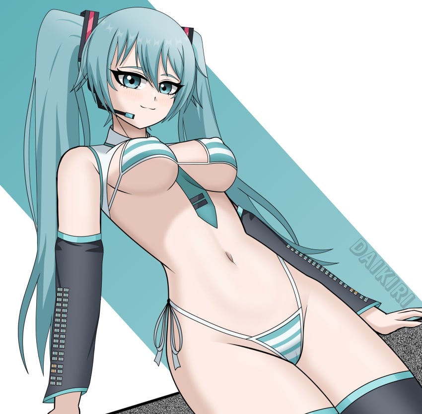 1girls accessory bare_midriff belly belly_button bikini blue_eyes blue_hair breasts cameltoe collared_bikini daikiri_di_mon hatsune_miku hatsune_miku_(collared_bikini) low-angle_view midriff smiling_at_viewer striped_bikini tummy twintails vocaloid