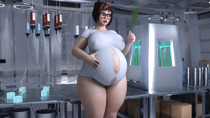 1girls 3d asian asian_female belly big_belly big_breasts breasts brown_hair female glasses huge_breasts icarusillustrations mei_(overwatch) nipple_bulge outie_navel overwatch pregnant solo sweater torn_clothes wardrobe_malfunction