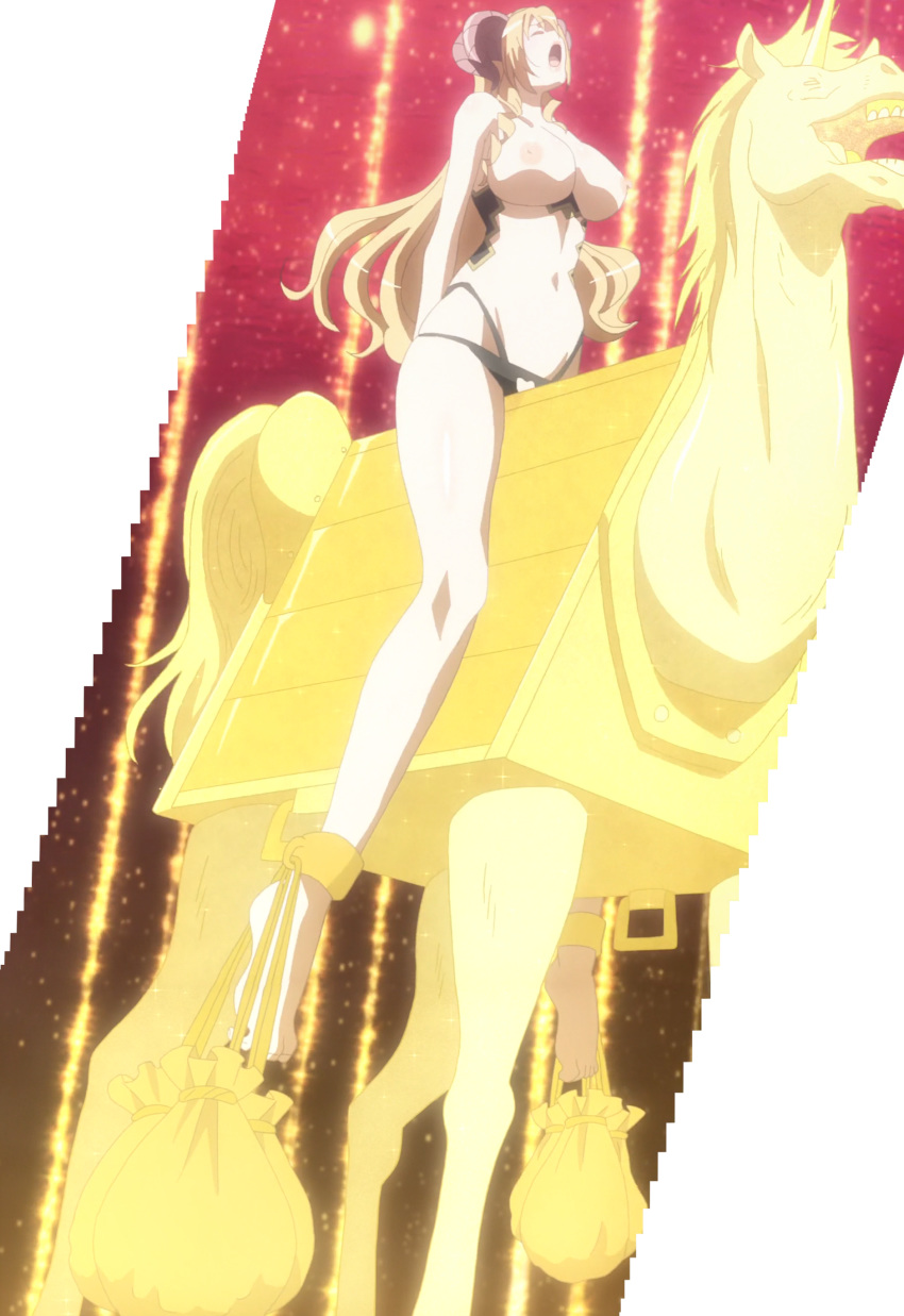 ankle_cuffs ankle_weights areola arms_behind_back ball_and_chain ball_and_chain_restraint black_panties blonde_hair blush breasts closed_eyes demon_girl demon_horns female heart_cutout horns horse huge_breasts mammon_(nanatsu_no_taizai) moaning nipples open_mouth panties pubic_cutout screaming screencap sin_nanatsu_no_taizai solo torture underwear wooden_horse