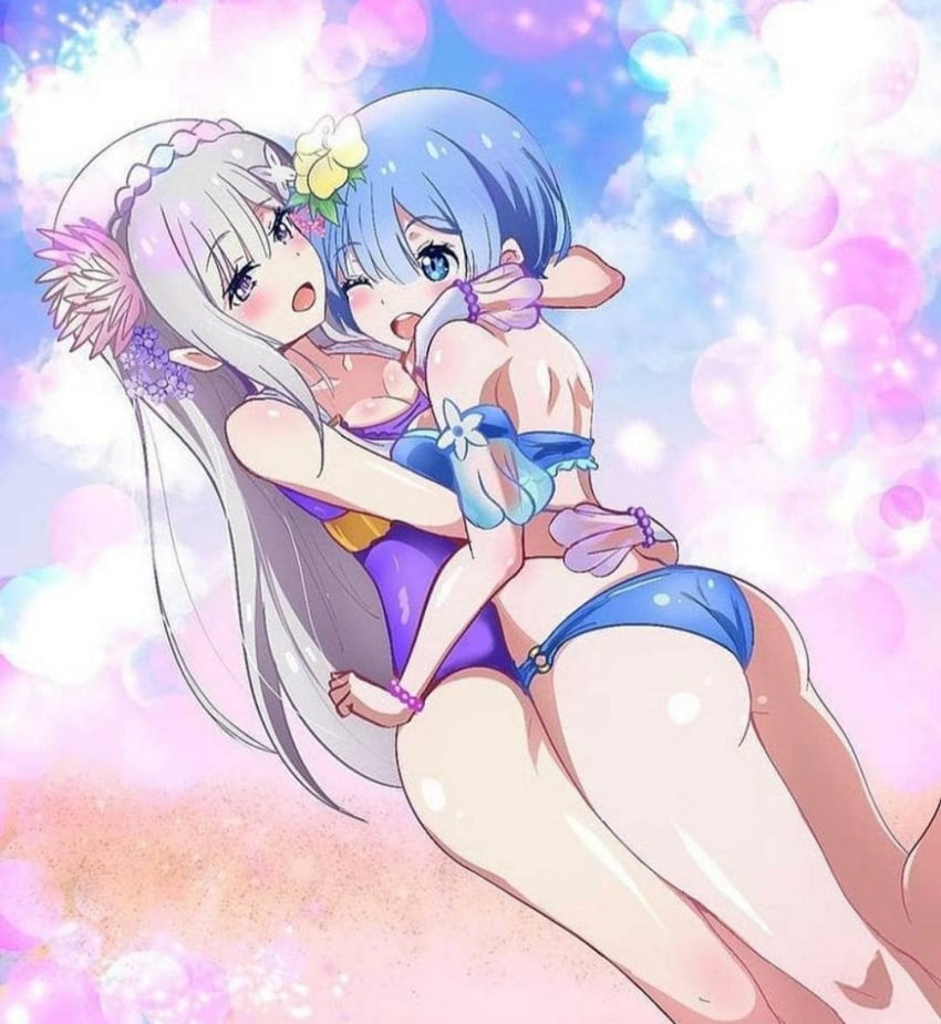 2girls ass blue_eyes blue_hair emilia_(re:zero) multiple_girls purple_eyes re:zero_kara_hajimeru_isekai_seikatsu rem_(re:zero) silver_hair swimsuit white_hair