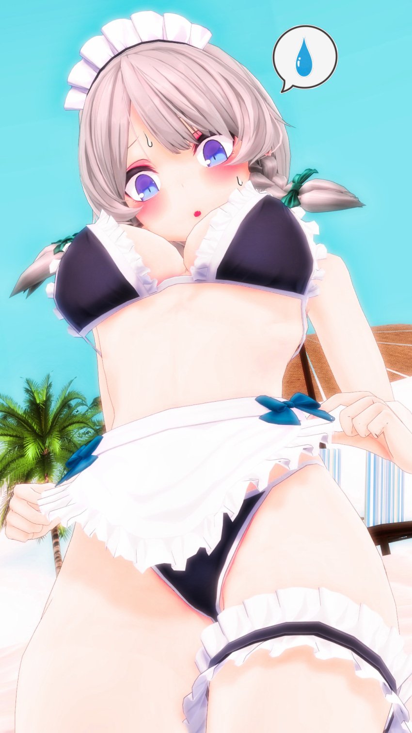 1girls 2024 3d_(artwork) bikini black_swimsuit blue_bowtie blue_eyes dialogue_bubble embodiment_of_scarlet_devil frilled_bikini frills human legwear light-skinned_female maid_apron maid_headdress mmd outdoors palm_tree sakuya_izayoi solo_female solo_focus sweatdrop swimsuit teal_bowtie touhou upskirt white_hair worm's-eye_view yabuinu_mmder