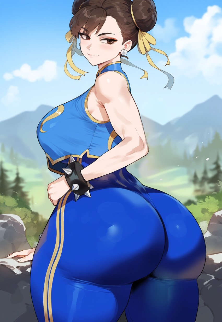 1girls ai_generated ass ass_focus big_ass big_butt blue_bodysuit bodysuit brown_eyes brown_hair bubble_ass bubble_butt chun-li creamy_ai curvy dat_ass double_bun fat_ass from_behind huge_ass large_ass large_breasts narrow_waist skindentation solo street_fighter thiccwithaq_(ai_style) thick_ass thick_thighs toned unitard wide_hips