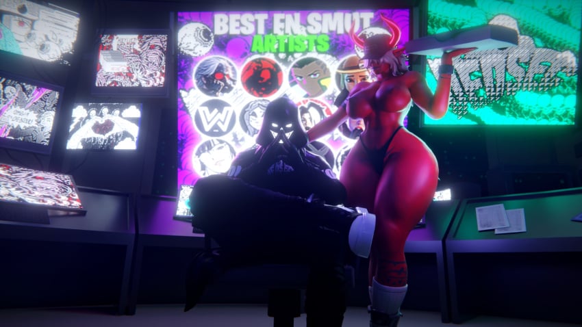 3d 3d_(artwork) big_ass big_breasts charlotte_(fortnite) dark_skin dawkingz demon_girl desdemona_(fortnite) fortnite goth goth_girl hoodie light_skin masked_male pov red_skin servicing smile submissive_female succubus thong you