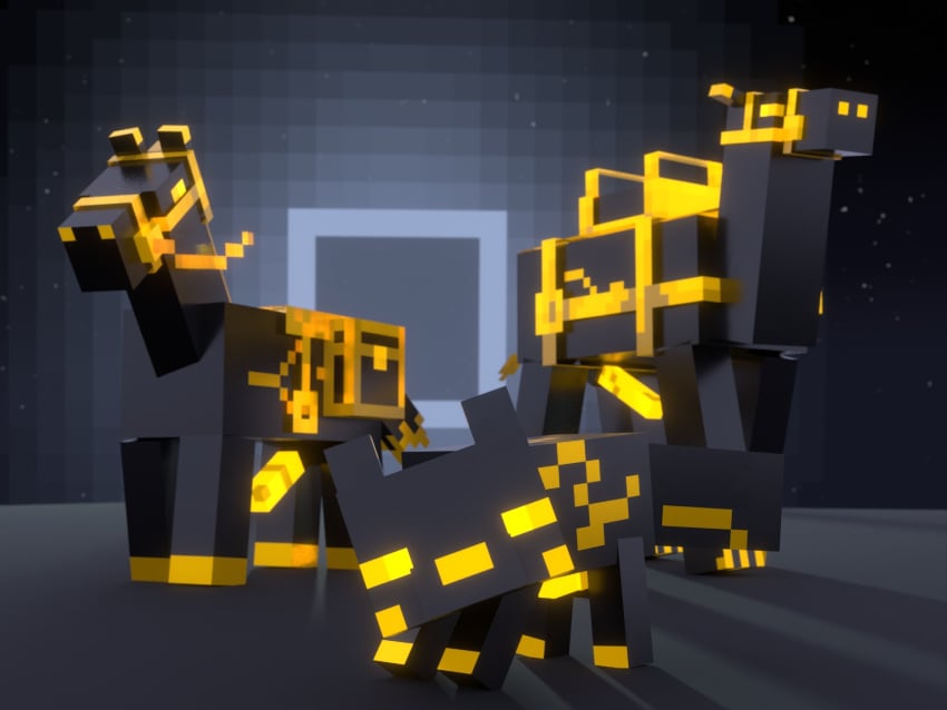 4:3 camel camel_(minecraft) camelid canid canine codedcells equid equine feral fox fox_(minecraft) genitals glowing glowing_eyes glowing_genitalia glowing_penis group hi_res horse horse_(minecraft) imminent_sex imminent_threesome looking_at_viewer luwt_(codedcells) male male/male mammal microsoft minecraft mojang penis xbox_game_studios