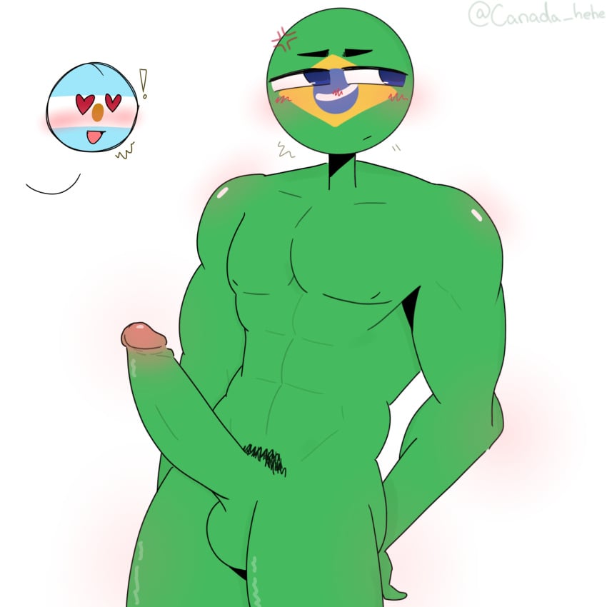 1boy 1girls annoyed argentina_(countryhumans) big_penis blue_eyes brazil_(countryhumans) countryhumans countryhumans_girl female female_face green_body green_cock heart_eyes male muscular muscular_male pubes xx.canada.xx