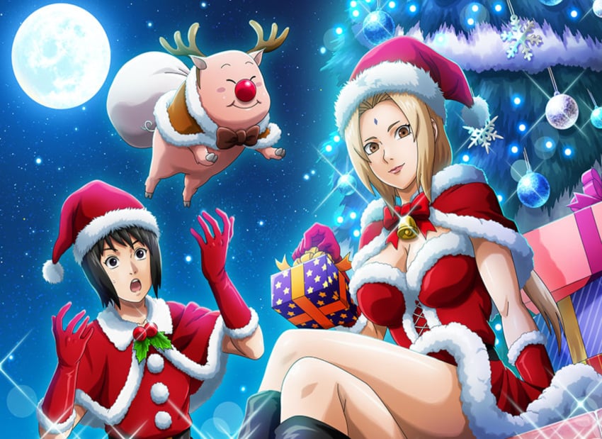 1animal 2girls bare_legs bell big_breasts black_eyes black_hair blonde_hair blush bowtie breast_size_difference breasts brown_eyes bursting_breasts capelet center_opening christmas christmas_outfit christmas_present christmas_tree crossed_legs dress gift gift_box gloves hi_res holding_object huge_breasts human large_breasts lipstick looking_at_partner looking_at_viewer makeup mature_female milf naruto naruto_(series) naruto_shippuden night offering offering_to_viewer official_art outdoors pig revealing_clothes santa_hat shizune small_breasts smile teacher_and_student tonton tsunade voluptuous