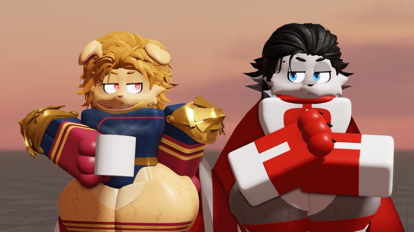 2femboys 2males 3d 3d_model anthro arms_crossed big_thighs black_hair blonde_hair blue_eyes caffinatedbuns cape coffee_mug fat_ass femboy feminine_male furry glaring glaring_at_another hair homelander invincible leotard male omni-man red_eyes roblox the_boys