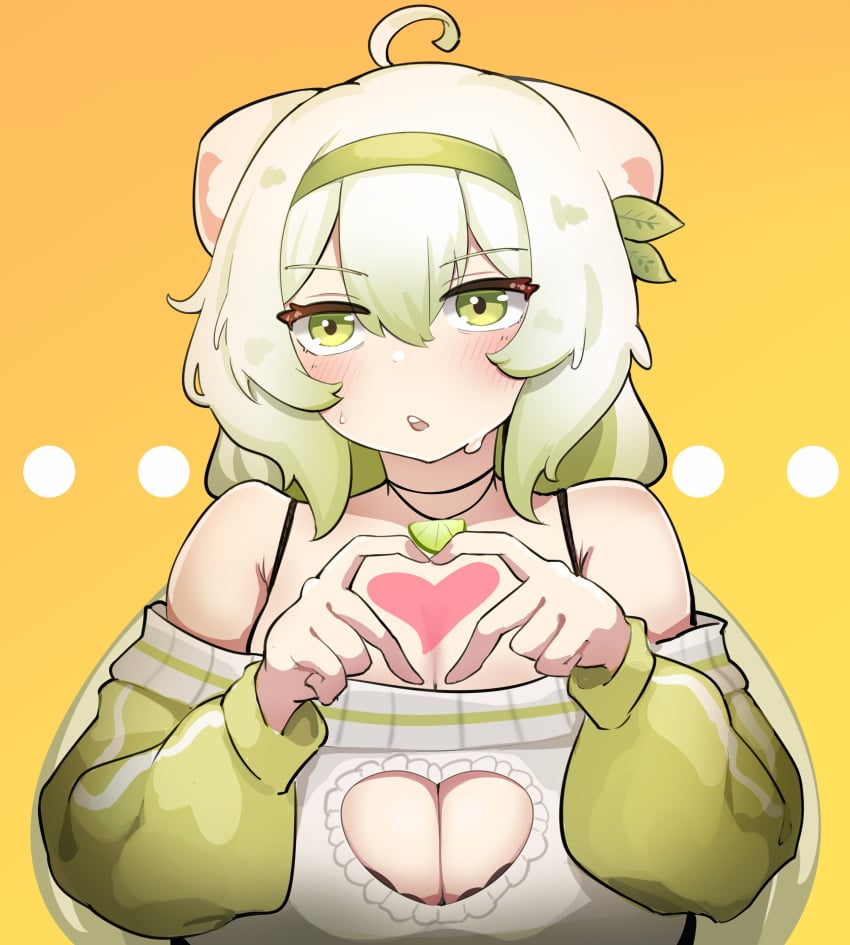 1girls absurd_res ahoge animal_ears big_breasts blush boob_window boobwindow_sweater bra breasts cleavage cleavage_cutout clothed_female clothing cute female ferret ferret_girl gesture green_eyes green_hairband green_highlights hair_between_eyes hair_ornament hairband heart heart_cutout heart_gesture heart_hands heart_symbol huge_breasts indie_virtual_youtuber laimu leaves_in_hair lime multicolored_hair necklace off_shoulder open_mouth sae_art simple_background sleeves solo sweat sweater sweating twintails virtual_youtuber vtuber wet_skin white_hair yellow_background