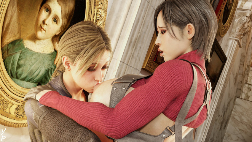 1futa 1girls 3d ada_wong ada_wong_(adriana) asian asian_female big_breasts blonde_hair breasts closed_eyes female futa_on_female futanari jill_valentine jill_valentine_(blonde) resident_evil resident_evil_4 resident_evil_4_remake resident_evil_5 short_hair sucking_breast yupal