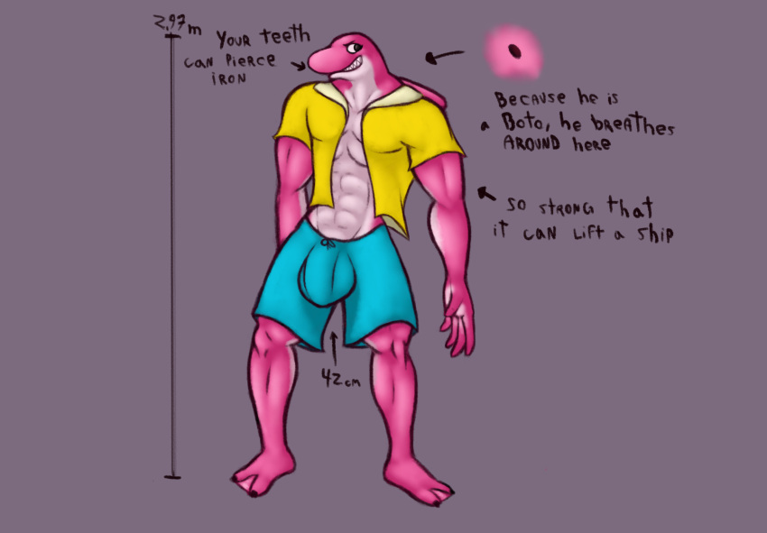 5_fingers amazon_river_dolphin anthro bottomwear bulge cetacean clothing dolphin english_text fingers genitals hi_res jovi_cap male male_only mammal marine muscular original_character penis pink_body river_dolphin shorts solo text toothed_whale topwear