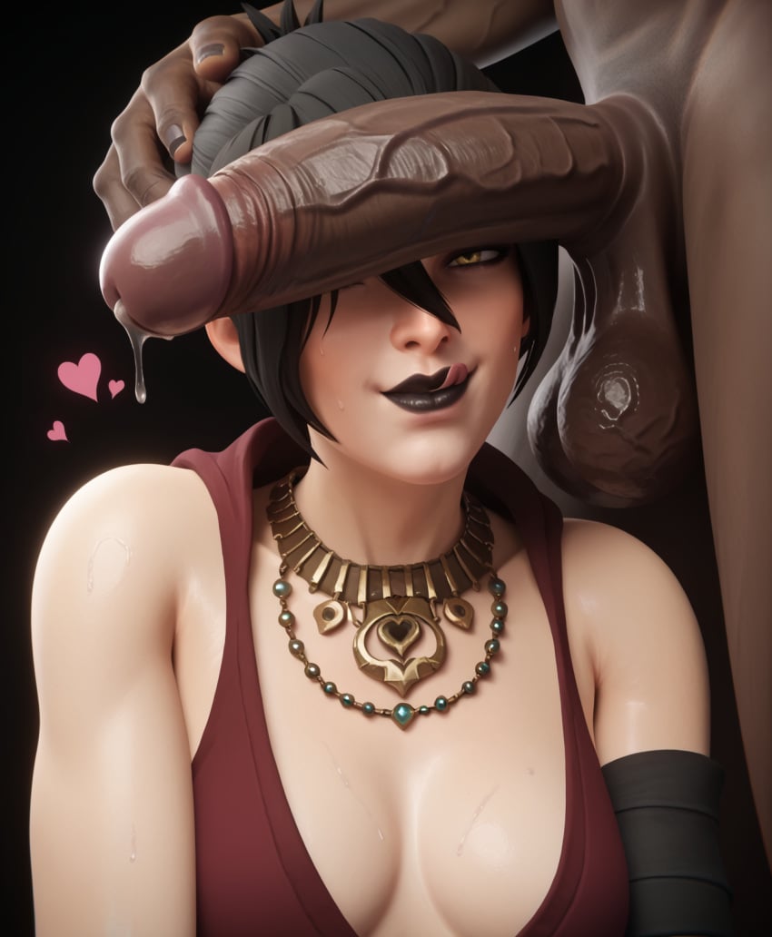 1boy 1girls ai_generated black_cock black_hair black_lipstick black_nails clothed_female_nude_male dark-skinned_male dark_skin dragon_age eyeshadow female holding_head interracial licking_lips light-skinned_female light_skin looking_at_viewer morrigan_(dragon_age) penis_on_face precum queensphynx smile yellow_eyes