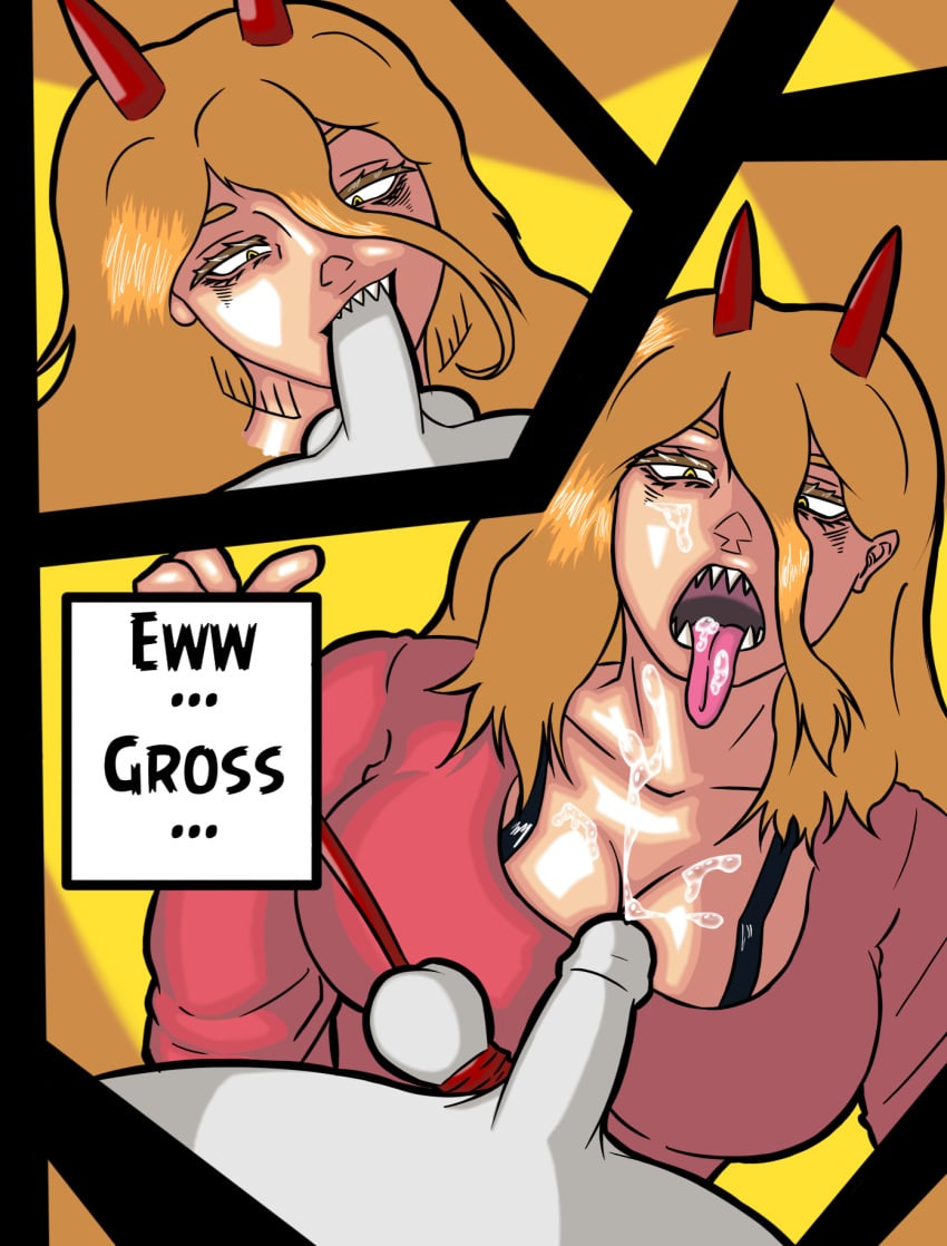 big_breasts blonde_female blonde_hair blowjob blowjob_face chainsaw_man cleavage clothed clothed_female_nude_male clothed_sex cock_and_ball_torture comic cum cum_drip cum_in_mouth cum_on_body cum_on_breasts cum_on_face dominant_female english english_text fellatio femdom horn horns leash leash_pull open_mouth power_(chainsaw_man) sharp_teeth smug smug_face teeth teeth_showing tied_up tsuman_(artist) yellow_eyes