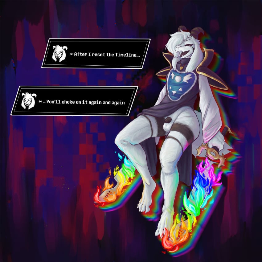 1:1 4_toes anthro arino asriel_dreemurr asriel_dreemurr_(god_form) balls black_glans black_penis black_sclera boss_monster_(undertale) bottomless bottomless_anthro bottomless_male bovid caprine clothed clothing dialogue digital_media_(artwork) feet flaccid foreskin fur genitals glans goat hi_res holding_melee_weapon holding_object holding_weapon horn humanoid_genitalia humanoid_penis male male_only mammal melee_weapon micropenis partially_clothed partially_retracted_foreskin penis robe simple_background small_penis smug solo sword text text_box toes undertale undertale_(series) weapon white_balls white_body white_fur