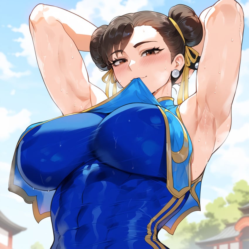 abs ai_generated armpits arms_behind_head blue_bodysuit bodysuit brown_eyes brown_hair chun-li clothes_in_mouth clothes_lift covered_abs covered_nipples creamy_ai curvy double_bun large_breasts muscular_female narrow_waist skindentation street_fighter sweat toned unitard upper_body