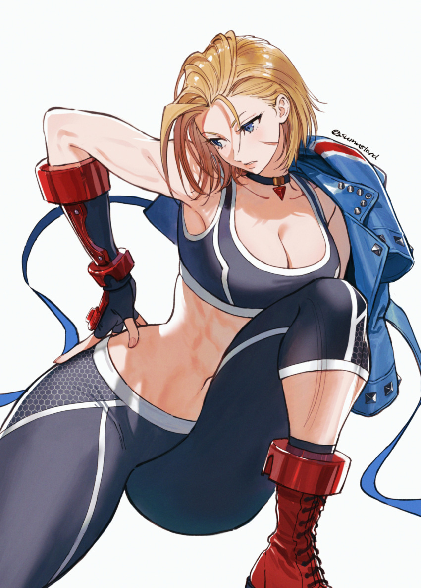 1girls abs ahoge antenna_hair blonde_hair blue_eyes breasts cammy_white crop_top female gloves highres large_breasts long_hair scar short_hair solo street_fighter street_fighter_6 sumustard