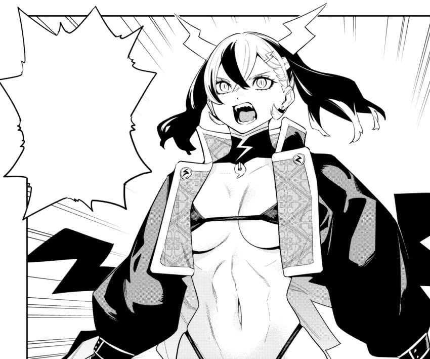 abs breasts curvy_figure demon_girl demon_horns jacket mato_seihei_no_slave naruhime official_art puffy_sleeves revealing_clothes sharp_teeth slit_pupils takemura_youhei