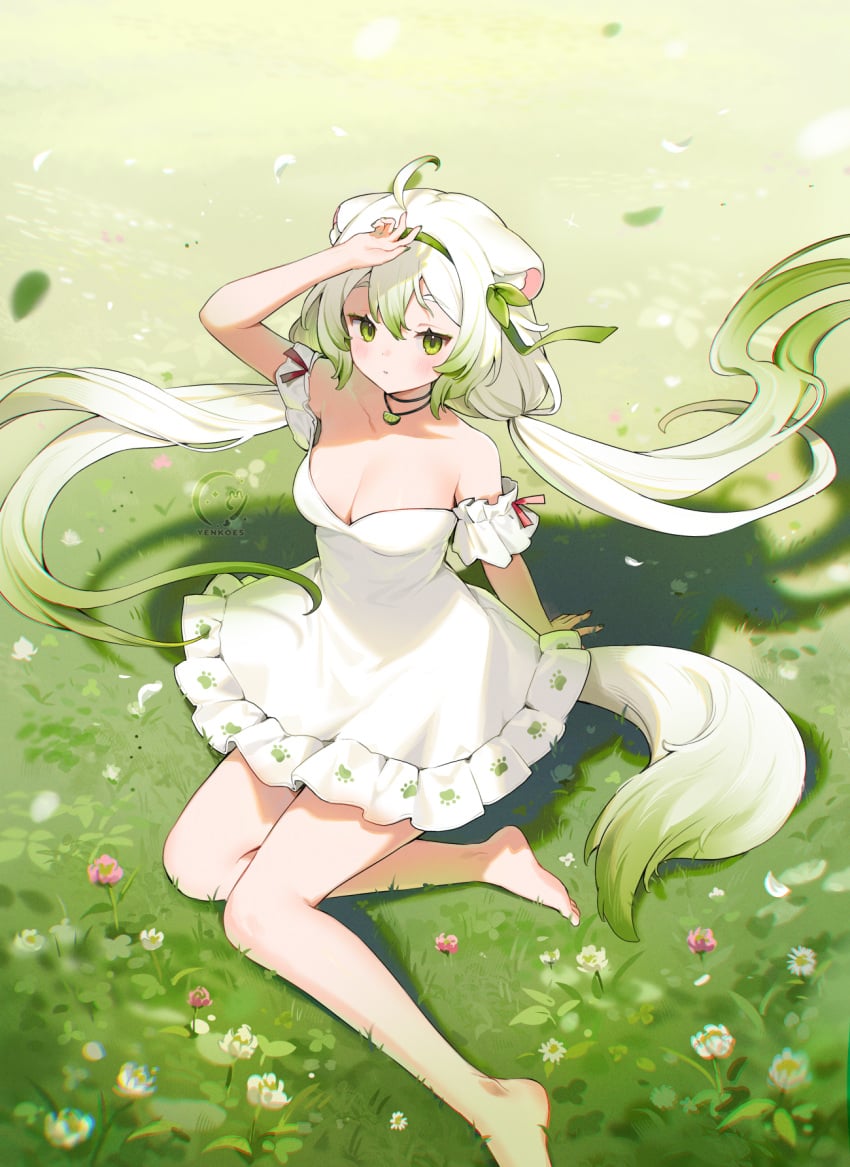 ahoge animal_ears armwear barefoot big_breasts breasts cleavage clothed dress ferret ferret_girl flowing_hair grass grass_field green_eyes green_highlights hair hair_ornament hairband hand_on_head highres indie_virtual_youtuber laimu lime necklace off_shoulder outdoors outside sitting tail twintails virtual_youtuber vtuber white_dress white_hair yenkoes