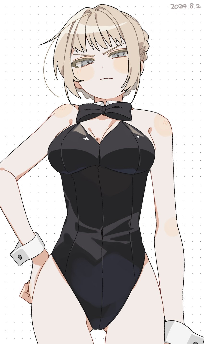 &gt;:( 2024 absurdres bare_shoulders black_bow black_bowtie black_leotard blonde_hair body_blush bow bowtie braid breasts bunnysuit cleavage closed_mouth cowboy_shot dated detached_collar elden_ring female female female_only fromsoftware frown gluteal_fold grey_eyes hair_intakes hand_on_own_hip highres leotard light_blush medium_breasts needle_knight_leda playboy_bunny sahata_saba shadow_of_the_erdtree short_hair solo v-shaped_eyebrows white_wrist_cuffs wrist_cuffs