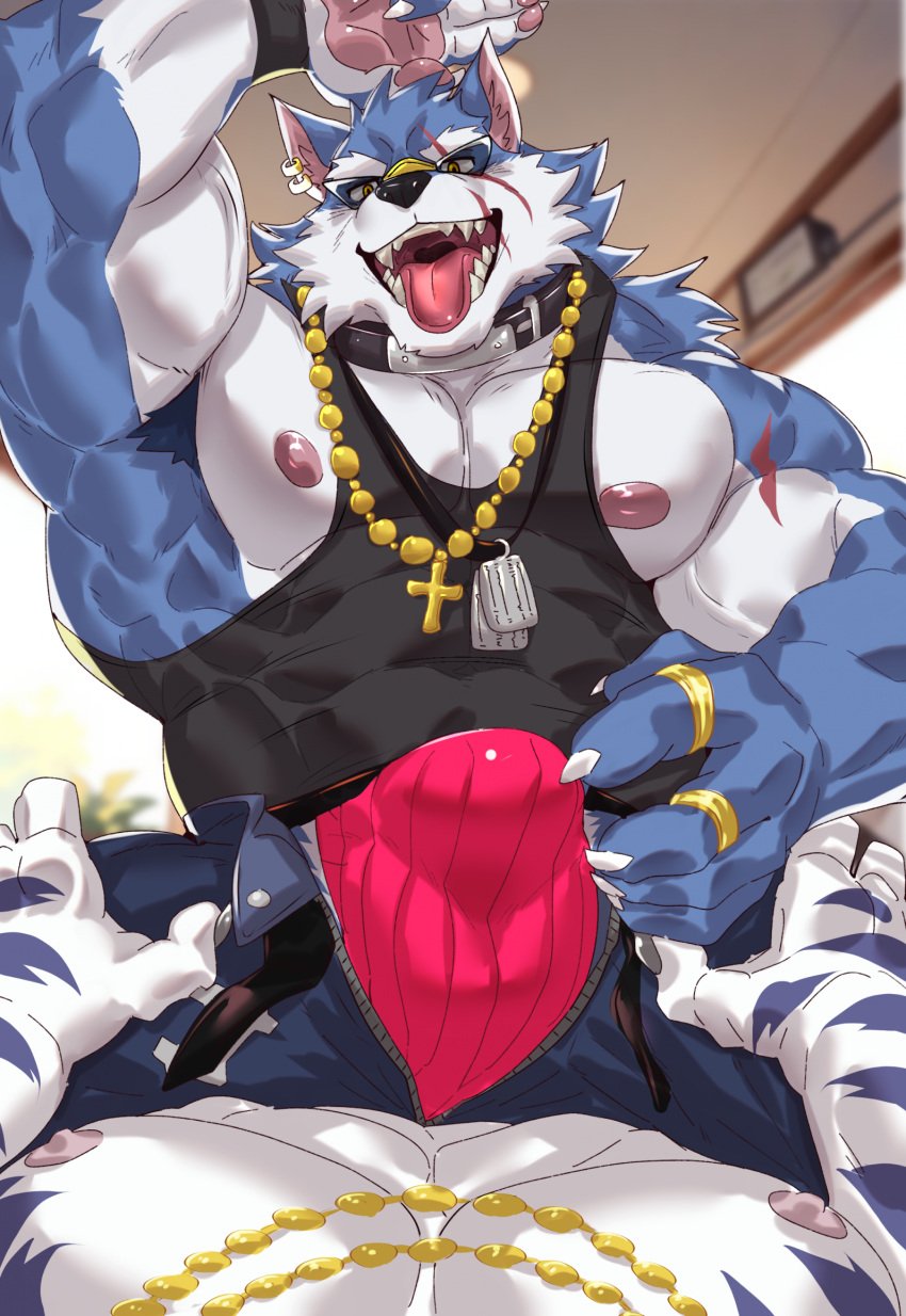 abs anthro biceps bulge canid canine canis collar dislyte dog_tags duo ear_piercing felid freddy_(dislyte) fur hi_res istani jewelry jin_qiu_(dislyte) lilith_games male mammal muscular muscular_anthro muscular_male necklace nipples pantherine pecs piercing sharp_teeth teeth tiger tongue tongue_out wolf