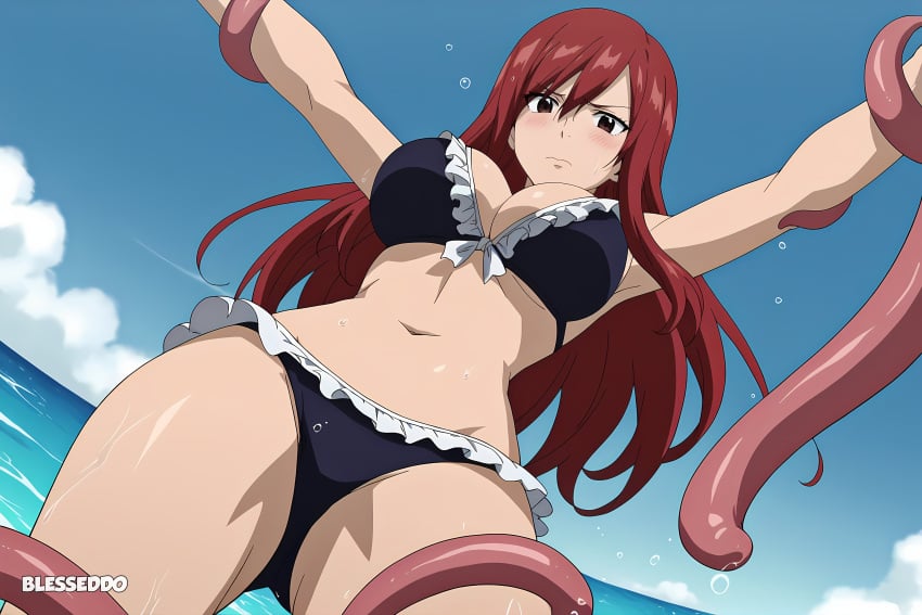 1girls 1monster ai_generated bikini black_bikini blesseddo breasts erza_scarlet fairy_tail female female_only long_hair looking_at_viewer red_hair solo tentacle thighs