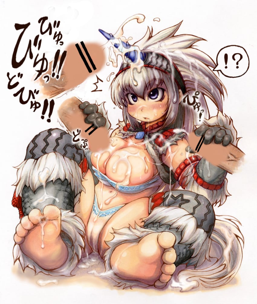 !? after_ejaculation barefoot blue_eyes breasts bukkake cameltoe censored cleavage cum cum_on_body cum_on_breasts double_handjob facial feet female gloves hair_between_eyes handjob highres horns ibukichi kirin_(armor) large_breasts monster_hunter_(character) monster_hunter_(series) navel penis sidelocks single_horn soles solo_focus sweat toes veins veiny_penis