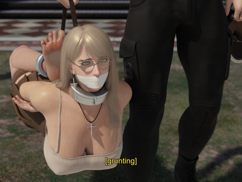 1boy 1girls 3d 3d_(artwork) ahe_gao barefoot black_choker blender blender_eevee blonde_hair blue_eyes bondage bound bound_ankles bound_wrists captured carrying carrying_another cellphone choker collar cross_earrings cross_necklace english_text eyes_rolling_back gag gagged glasses grace_(osimai) helpless huge_breasts human_luggage lip_piercing microfoam_tape nose_piercing nose_ring original_character osimai pleated_skirt skirt suspension tank_top tape tape_gag text