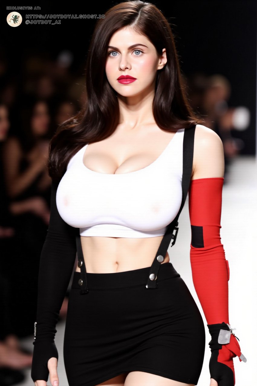 absurdres actress ai_generated alexandra_daddario black_hair black_skirt celebrity fashion_show female final_fantasy final_fantasy_vii final_fantasy_vii_remake highres hourglass_figure joyboyai lipstick model real_person realistic red_gloves solo_female tifa_lockhart tifa_lockhart_(cosplay) toned white_top