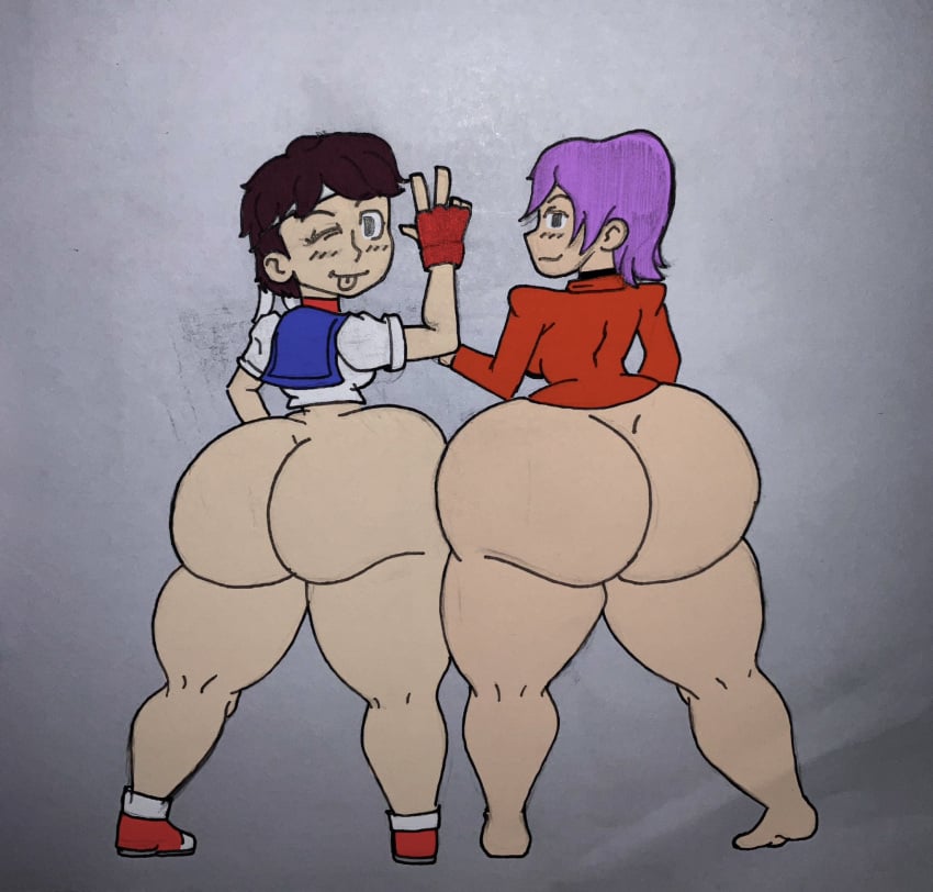 2girls ass ass_focus ass_to_ass barefoot big_ass bigoni bottomless brown_hair capcom darkstalkers gloves headband huge_ass lilith_aensland peace_sign purple_hair sakura_kasugano school_uniform schoolgirl shoes short_hair sideboob street_fighter succubus suit thick thick_ass thick_thighs traditional_art traditional_media_(artwork)