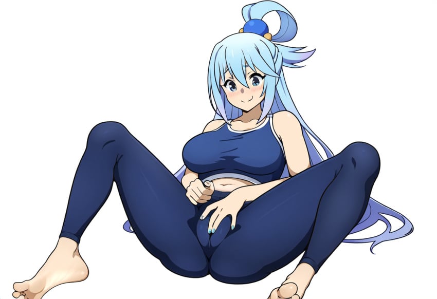 ai_generated aqua_(konosuba) blue_eyes blue_hair cameltoe clothed_female fingering fingering_pussy fingering_self fingering_through_clothes happy_female looking_pleasured masturbating masturbation mature_female medium_breasts pale-skinned_female sitting sitting_on_floor smiling