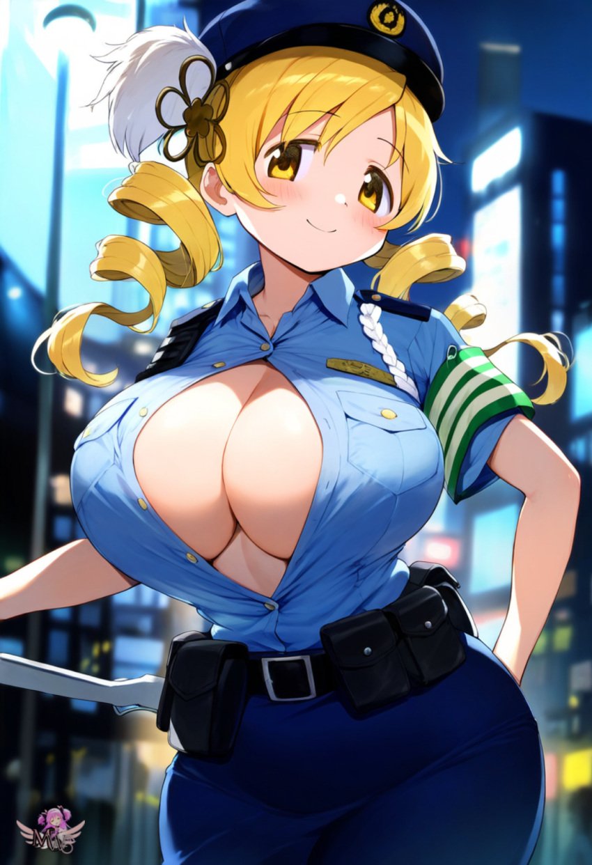 ai_generated artist_logo big_breasts breast_overflow child_bearing_hips drill_hair exposed_breasts front_view hat hi_res huge_boobs huge_breasts madoka_worship magical_girl mahou_shoujo_madoka_magica police police_uniform policewoman seductive_look solo solo_focus thick_thighs tomoe_mami twin_drills twintails unbottoned_shirt voluptuous voluptuous_female wide_hips yellow_eyes yellow_hair