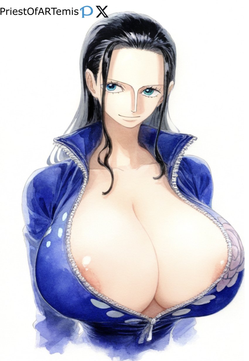 ai_generated areola_slip big_breasts black_hair blue_eyes female female_only huge_breasts jacket jacket_open long_hair nico_robin one_piece open_clothes priestofart simple_background solo solo_female solo_focus tagme tagme_(artist) tagme_(character)