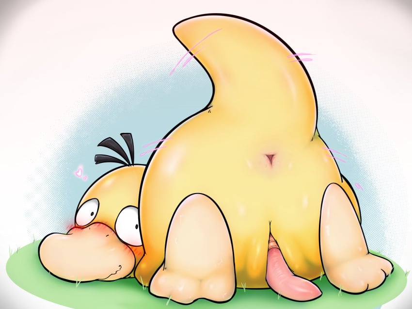 2023 anus ass ass_up beak black_hair blush blush_lines digital_drawing_(artwork) digital_media_(artwork) feral generation_1_pokemon genitals hair heart_symbol hi_res lying male nintendo on_front penis pokemon pokemon_(species) presenting presenting_hindquarters psyduck raised_tail rear_view smile solo tail yamausagi0619 yellow_body