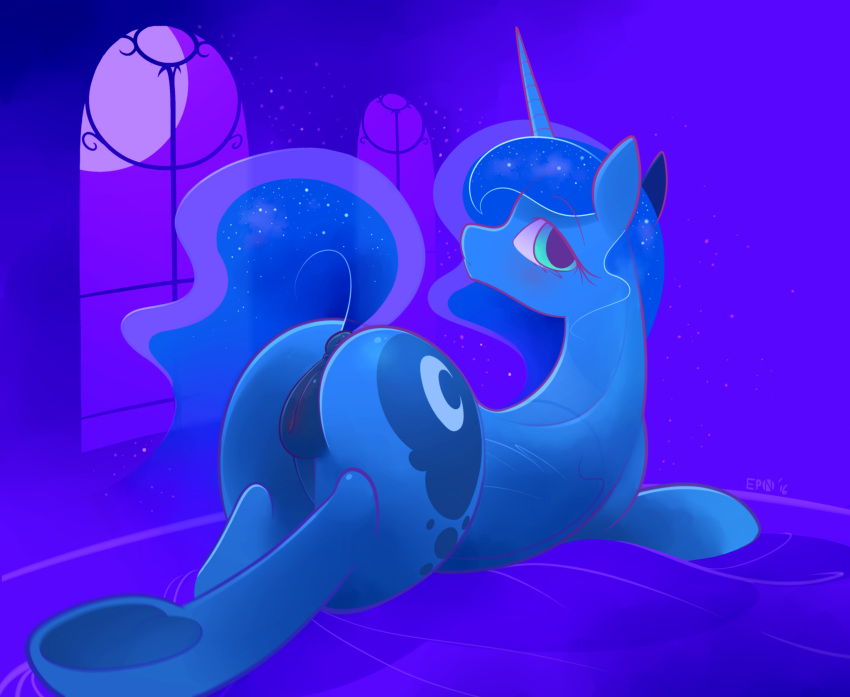 2016 alicorn animal_genitalia animal_pussy anus ass bed blue_eyes blue_theme braddo cosmic_hair cutie_mark equine equine_pussy eyelashes female feral friendship_is_magic hooves horn inside looking_at_viewer looking_back lying mammal my_little_pony on_bed princess_luna_(mlp) pussy raised_tail rear_view solo underhoof wings