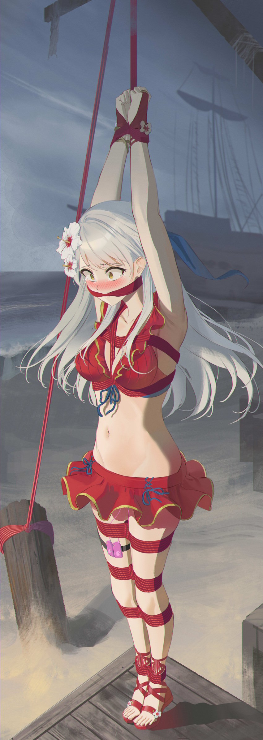 bikini blush bondage cailin020 cleave_gag fear fire_emblem fire_emblem_heroes flower_in_hair gag hands_tied hands_tied_above_head hands_up long_hair medium_breasts micaiah_(fire_emblem) questionable_consent rope rope_between_breasts rope_bondage rope_harness scared scared_expression scared_face ship ship_mast swim_skirt swimsuit tippy_toes tiptoes vibrator vibrator_in_pussy vibrator_under_clothes white_hair yellow_eyes yellow_eyes_female