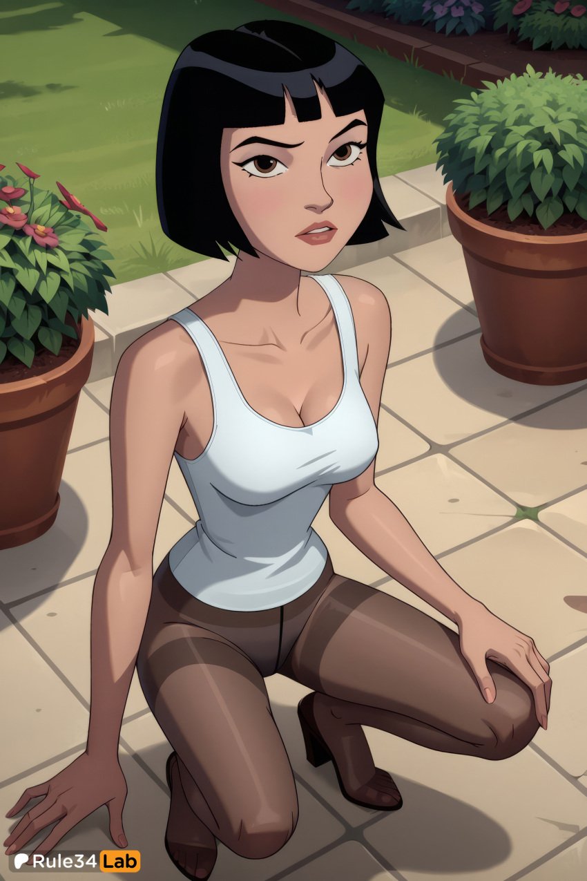 1girls ai_generated artist_name bare_shoulders ben_10 black_hair black_pantyhose blunt_bangs blush bob_cut breasts brown_eyes brown_pantyhose cartoon_network cleavage collarbone grass hi_res high_heels julie_yamamoto lips looking_at_viewer medium_breasts outdoors panties panties_under_pantyhose pantyhose parted_lips plant potted_plant rule34lab shadow shirt short_hair solo squatting tank_top thighband_pantyhose underwear white_tank_top younger_female