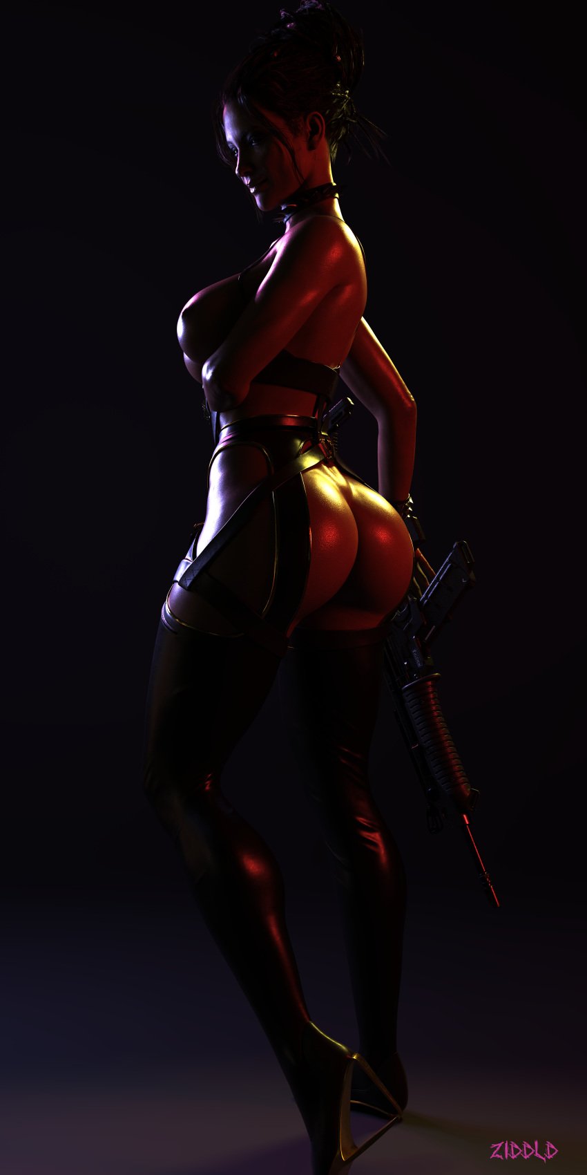 1girls 3d big_ass big_breasts blender cyberpunk_2077 gun lingerie looking_at_viewer panam_palmer solo stockings