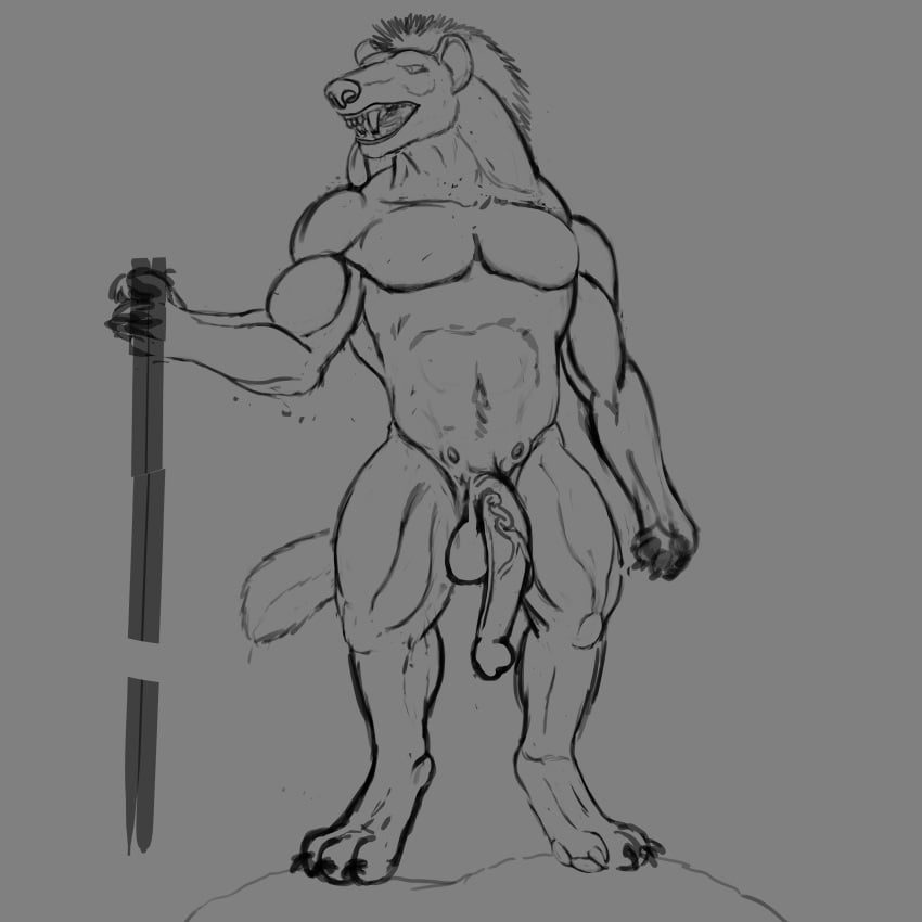 absurd_res anthro balls claws fuzzytubething genitals gnoll half-erect hi_res hyena looking_aside male mammal muscular open_mouth penis solo standing teeth tongue tongue_out