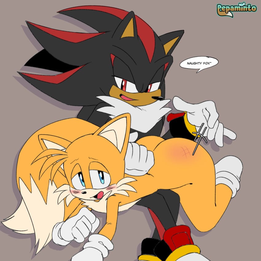 2boys age_difference bent_over bent_over_lap big_ass blush english_text furry lying_on_lap multiple_tails older_male pepamintop sega shadow_the_hedgehog sonic_(series) spank_marks spanked_ass spanking speech_bubble tagme tails tails_the_fox text yaoi younger_male