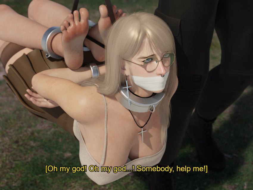 1boy 1girls 3d 3d_(artwork) ahe_gao barefoot black_choker blender blender_eevee blonde_hair blue_eyes bondage bound bound_ankles bound_wrists captured carrying carrying_another choker collar cross_earrings cross_necklace english_text eyes_rolling_back gag gagged glasses grace_(osimai) helpless huge_breasts human_luggage lip_piercing microfoam_tape nose_piercing nose_ring original_character osimai pleated_skirt skirt suspension tank_top tape tape_gag text