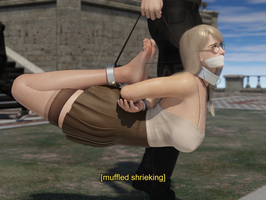 1boy 1girls 3d 3d_(artwork) ahe_gao barefoot black_choker blender blender_eevee blonde_hair blue_eyes bondage bound bound_ankles bound_wrists captured carrying carrying_another choker collar cross_earrings cross_necklace english_text eyes_rolling_back gag gagged glasses grace_(osimai) helpless huge_breasts human_luggage lip_piercing microfoam_tape nose_piercing nose_ring original_character osimai pleated_skirt skirt suspension tank_top tape tape_gag text