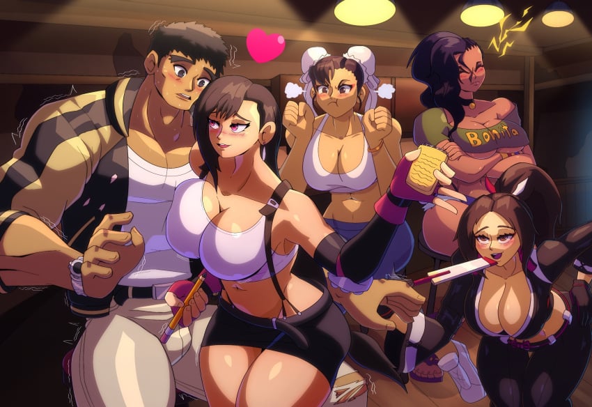 1boy 4girls annoyed assertive_female black_hair blush breast_press breasts brown_eyes brown_hair capcom chun-li cleavage clenched_hands closed_eyes crossover double_bun fatal_fury feet female female_focus final_fantasy final_fantasy_vii fingerless_gloves flirting gloves hair_bun half-closed_eyes hand_fan hand_on_hip highres jacket jealous king_of_fighters large_breasts laura_matsuda leaning_forward leather leather_jacket leather_pants legs long_hair mai_shiranui male midriff multiple_girls muscular muscular_male navel nervous note open_clothes open_jacket pants pencil ponytail pout red_eyes ryu_(street_fighter) seductive seductive_look seductive_smile shirt side_ponytail sitting skirt smile snk spandex sports_bra street_fighter suspenders tank_top thighs thong tifa_lockhart underboob voluptuous whale_tail