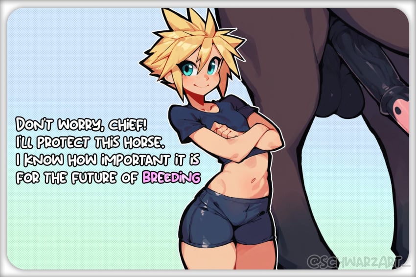 ai_assisted ai_generated beastiality cloud_strife comic_page femboy feminine_male horse horsecock schwarzart simple_background size_difference spandex text trap white_male yaoi zoophilia