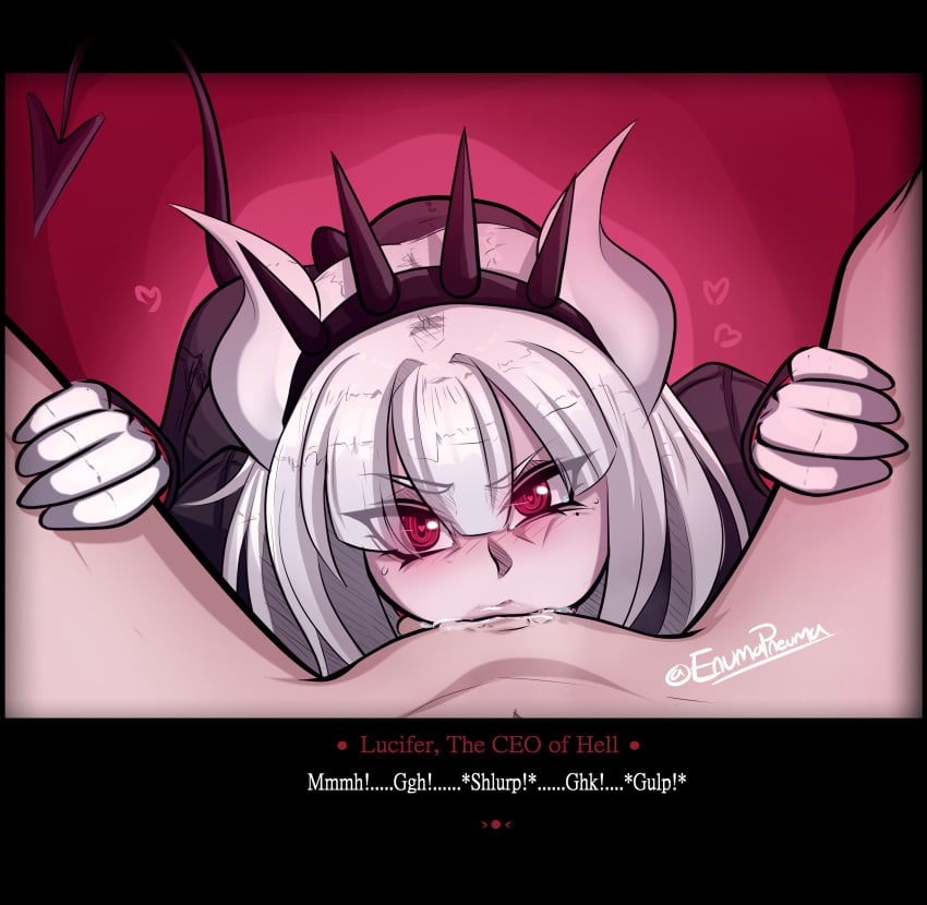 all_the_way_to_the_base cum_in_mouth deepthroat demon demon_girl demon_horns demon_tail demoness enumapneumansfw gagging helltaker horns looking_at_viewer lucifer_(helltaker) succubus swallowing text white_hair