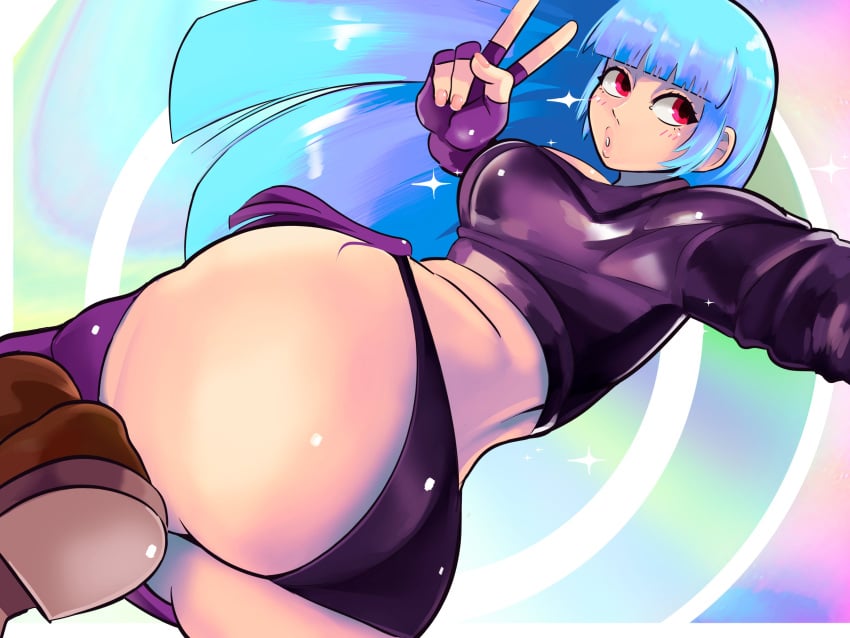 angel_(kof) ass ass_focus blue_hair king_of_fighters kula_diamond large_ass peace_sign pepperoni_ravioli red_eyes snk snk_heroines:_tag_team_frenzy