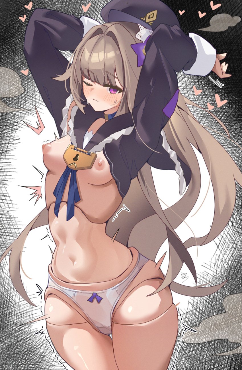 1girls arms_up bantomin belly_button blush breasts doll doll_joints herta_(honkai:_star_rail) hips honkai:_star_rail looking_at_viewer midriff no_bra panties small_breasts sweat thick_thighs thighs thin_waist wide_hips wink