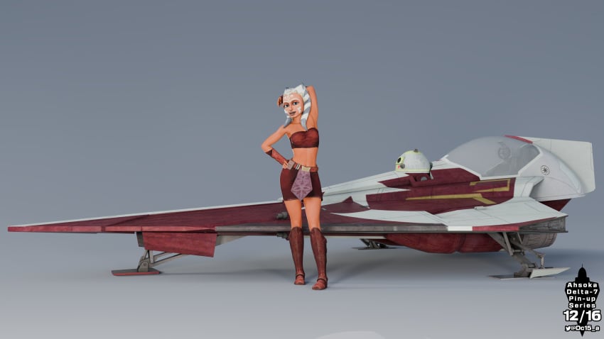 1girls 3d ahsoka_tano alien astromech_droid belly_button boots clone_wars dc15-a female female_only gloves jedi jedi_padawan on_floor orange_body orange_skin pinup pinup_(style) pinup_girls pinup_pose simple_background skirt solo spacecraft spaceship standing star_wars the_clone_wars:_season_one togruta tubetop