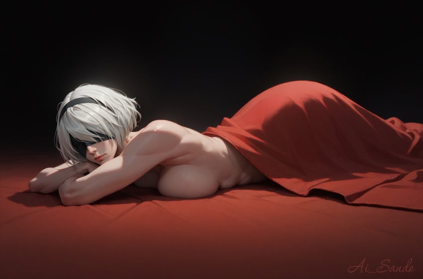 1girls ai_generated bed big_breasts blanket blindfold breast_squish breasts from_side hairband large_ass large_breasts lying nier:_automata nude on_stomach short_hair sideboob under_covers white_hair yorha_2b