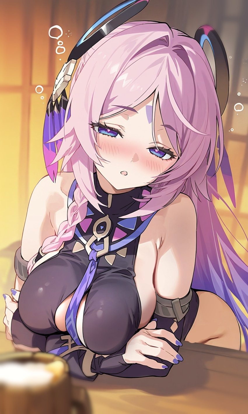 1girls ai_generated blue_eyes blush breasts citlali_(genshin_impact) drunk female genshin_impact looking_at_viewer pink_hair solo