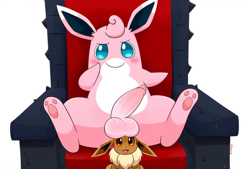 3_toes absurd_res ai_generated ambiguous_gender balls blue_eyes blush brown_eyes canid chair duo eevee eeveelution erection feet feral foreskin fur generation_1_pokemon genitals guildmaster_wigglytuff hellsonger hi_res humanoid_genitalia humanoid_penis looking_at_viewer male male_only mammal neck_tuft nintendo open_mouth pawpads paws penis pink_body pink_fur pokemon pokemon_(species) simple_background sitting smile spread_legs spreading tan_body tan_fur throne toes tuft wigglytuff